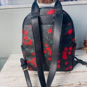 Michael Kors Black Backpack with Red Floral Design Michael Kors Abbey Logo Signature Rose Print Backpack Rare  main image 4